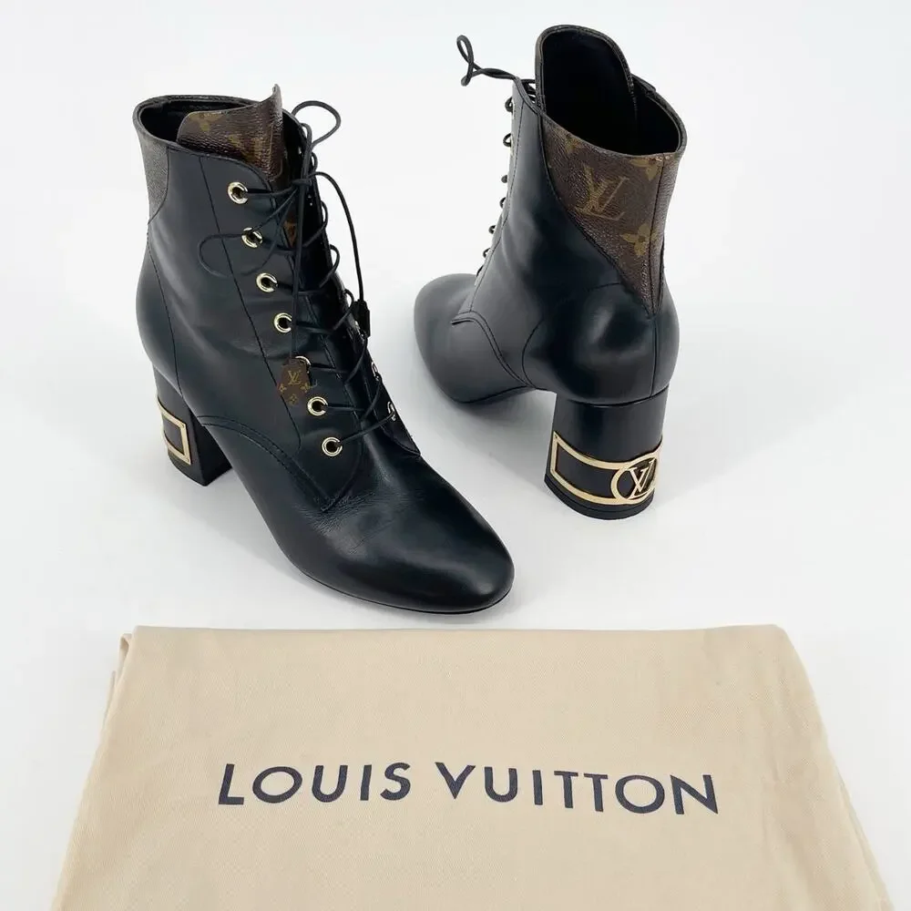 Louis Vuitton 2020 Bliss Black Leather Monogram LV Canvas Ankle Boots EU 37.5 - Picture 2 of 15
